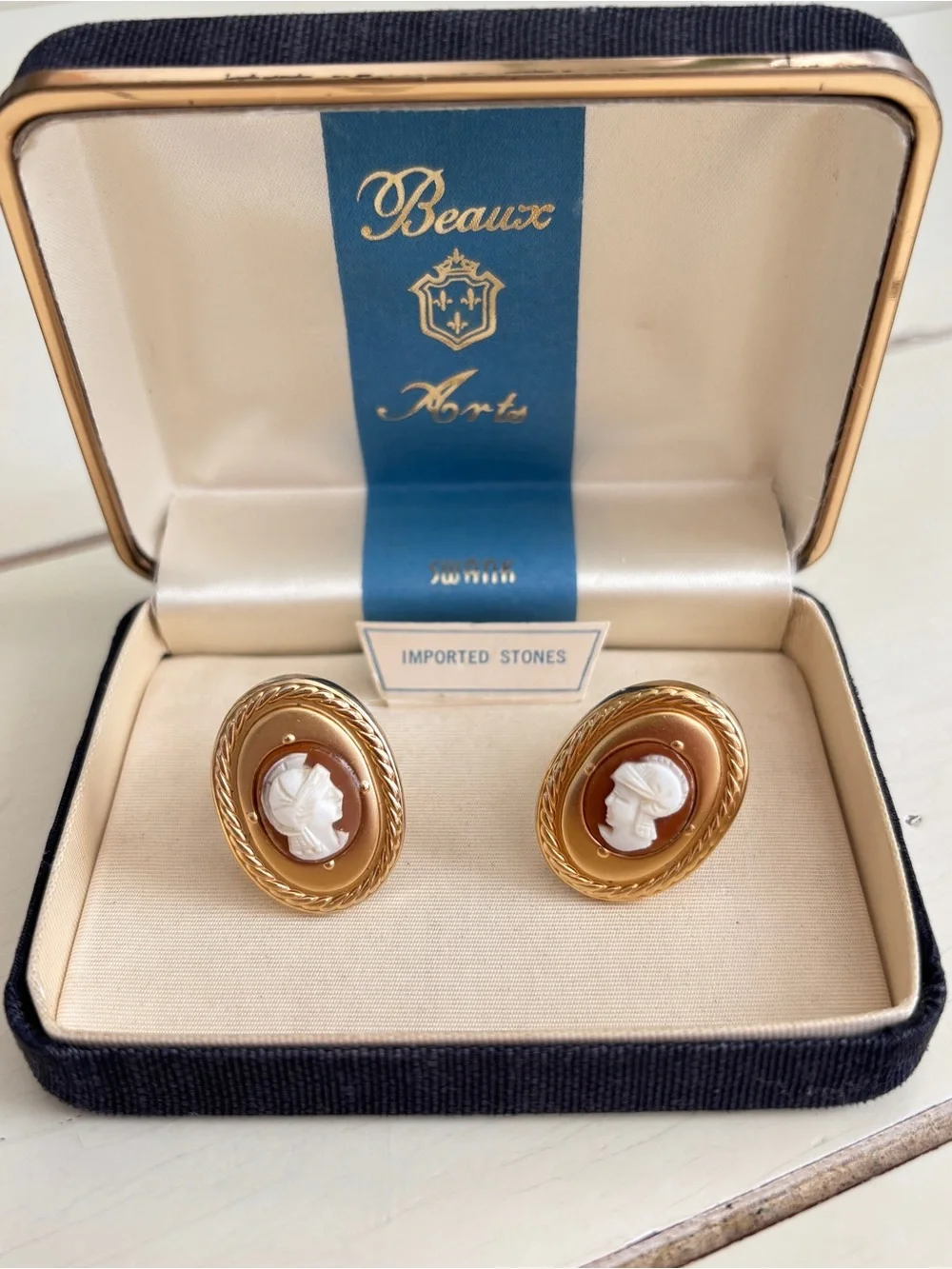 Vintage Beaux Arts Swank Roman Soldier Cameo Cufflinks Imported Stones